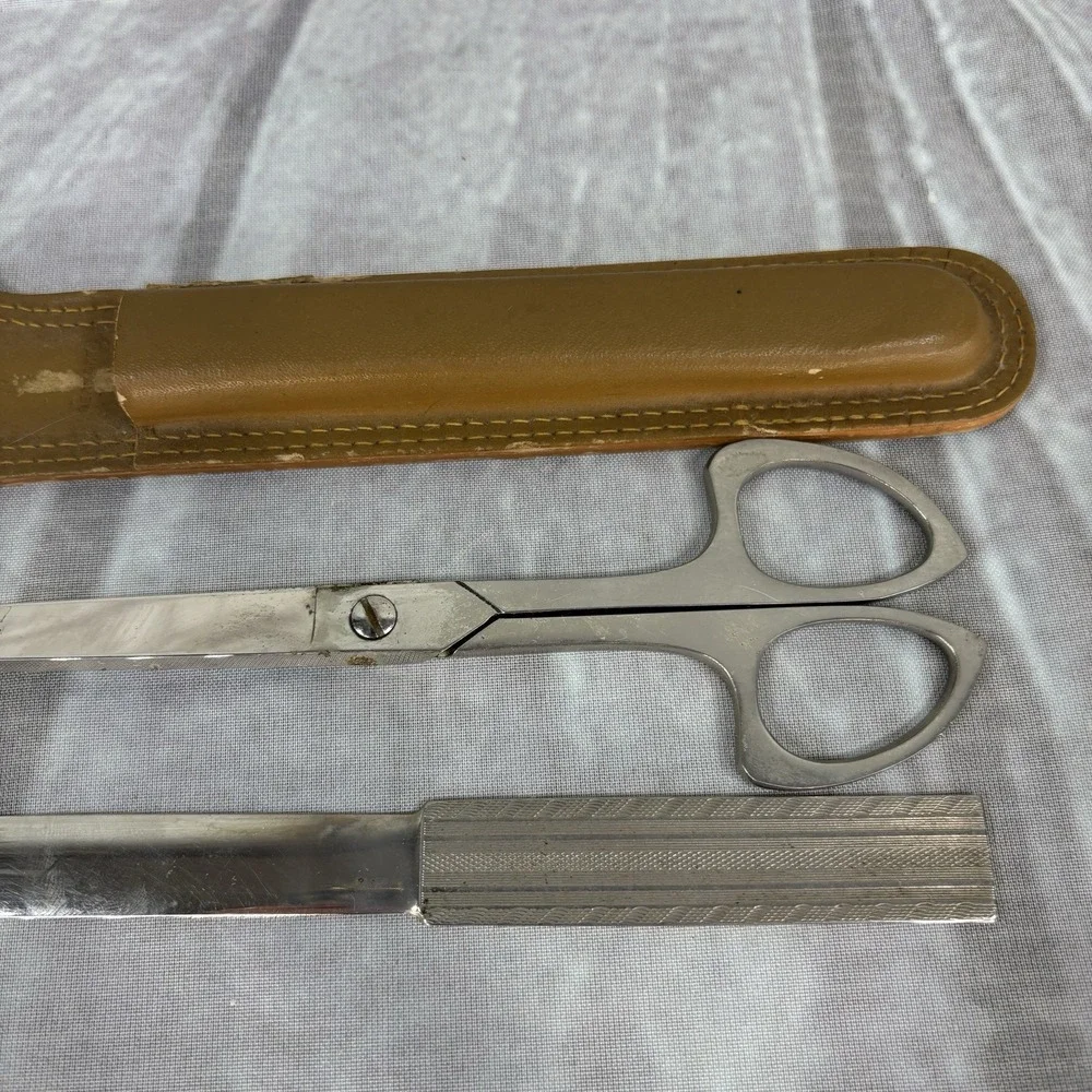 VTG Solingen Germany Engraved Scissors Letter Opener Set Leather Sheath